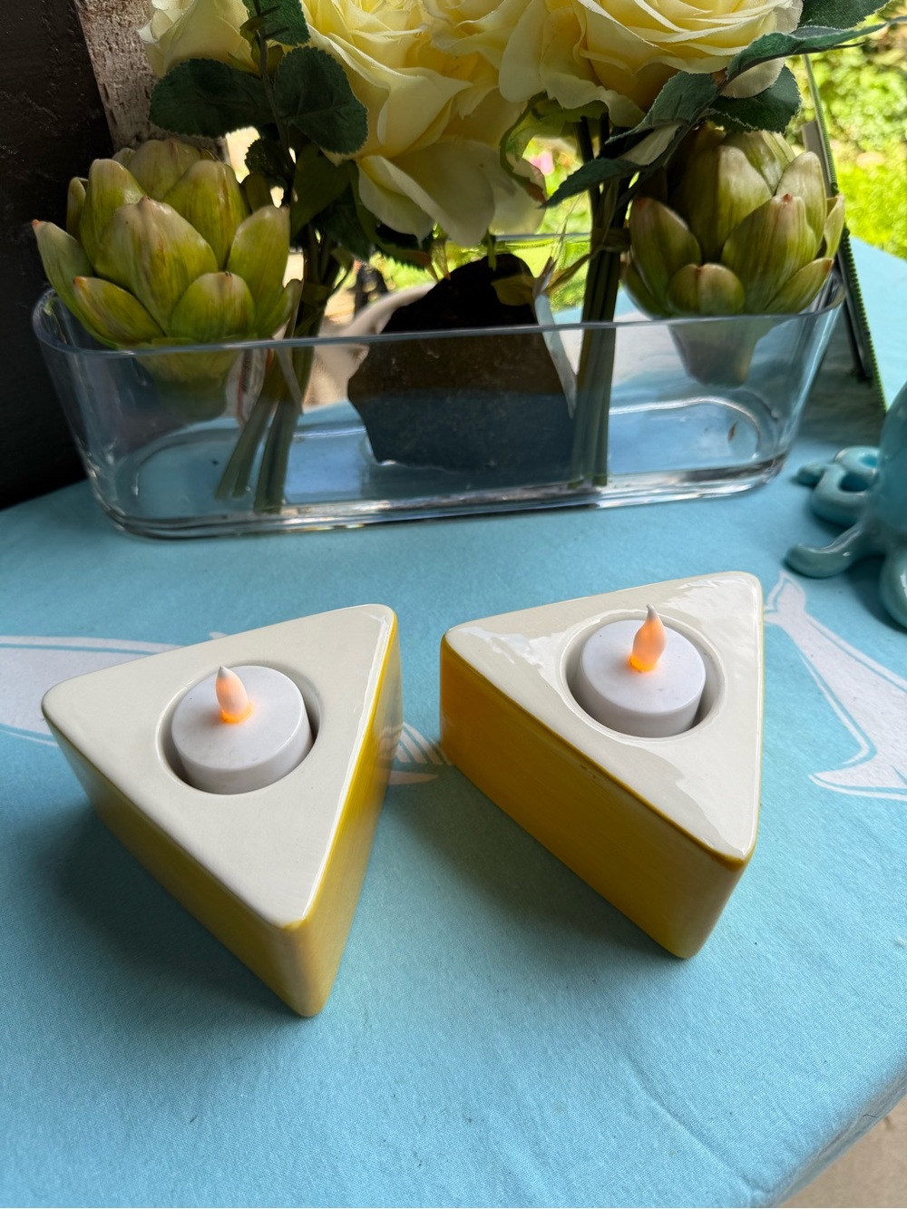 Ceramic Yellow Triangle Tea Light Holders - Brand dip set of two +free   gift .